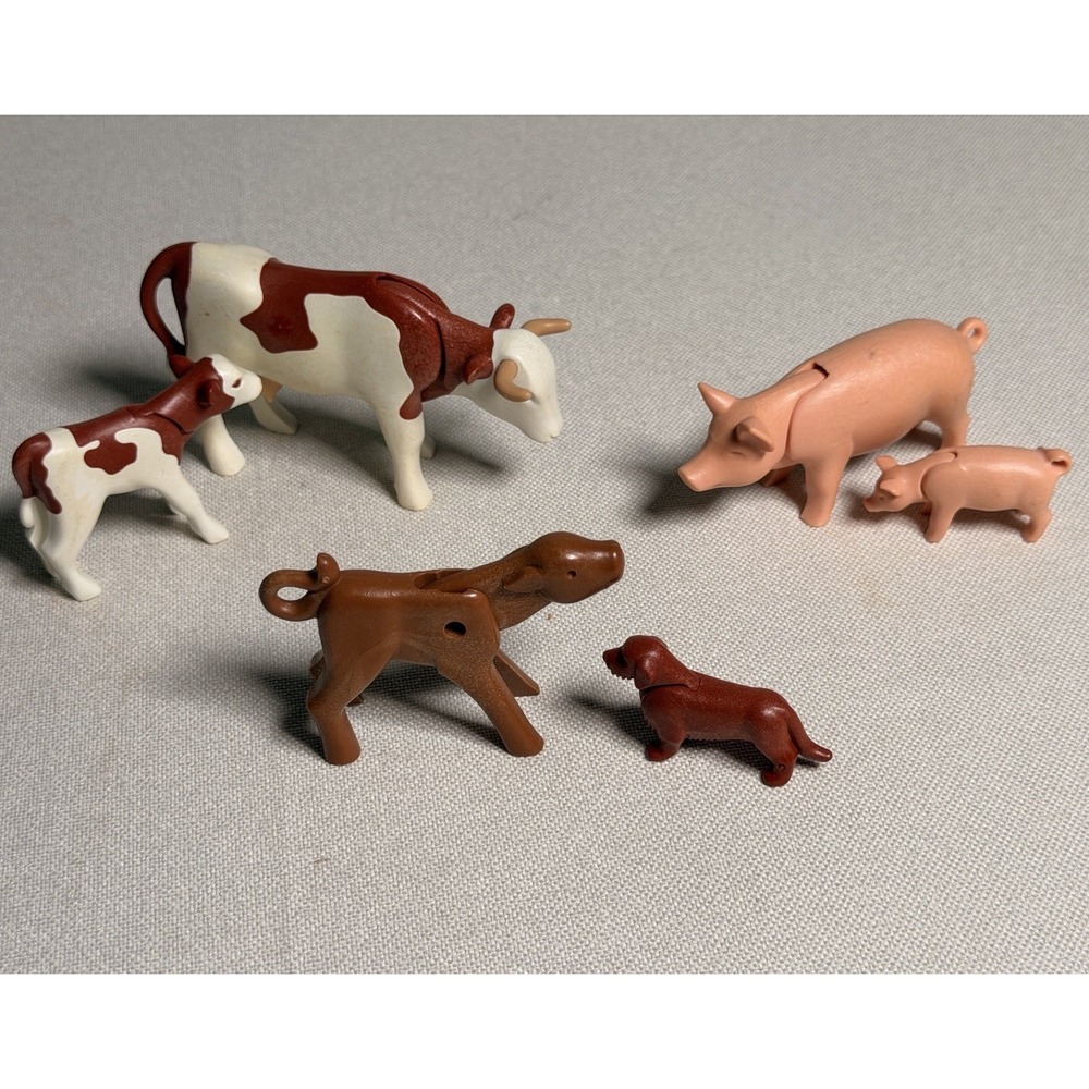 Vtg Playmobil Geobra Farm Animals Lot 1974 1975 Cows Pigs Calf Dog 6pc Set